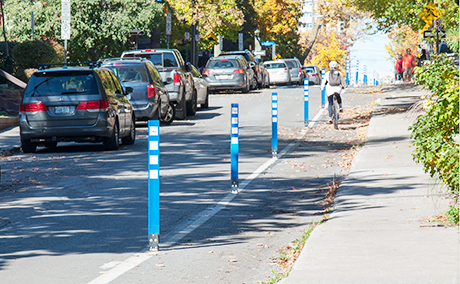 Flexible bollard delineator post on a one-way separated bike lane - City of Ottawa, ON