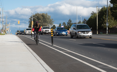 Bike lane delineators on a protected one-way bike lane - City of Kingston, ON