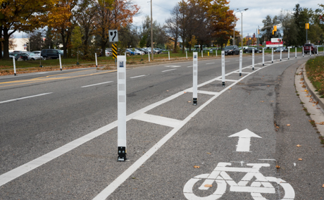 Protected bike lane with bike lane bollards