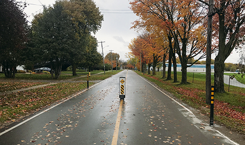 Traffic calming measure with sign and flexible bollards- semi-rural road - Township of Brock, ON