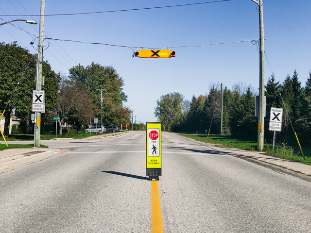 Pedestrian crossing with in-street pedestrian sign - Kincardine - Ontario