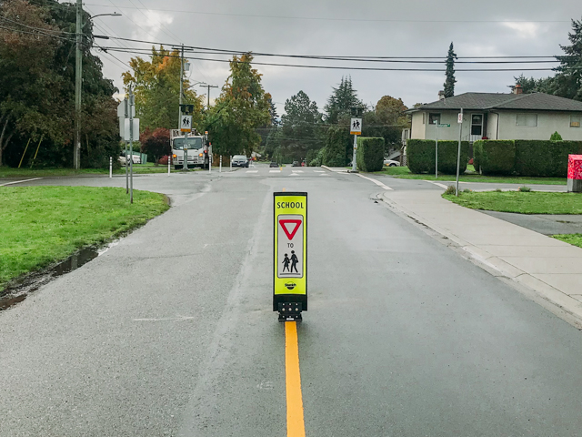 School Crossing with in-street pedestrian sign - Saanich - British Columbia - BC