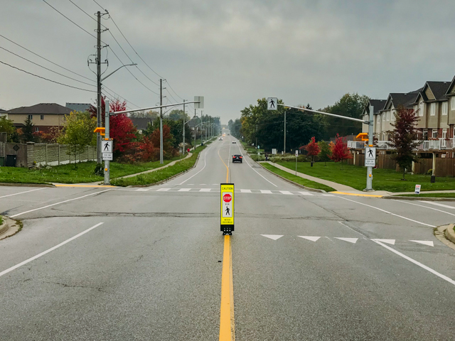 Pedestrian Crossover with in-street pedestrian sign - Guelph - Ontario