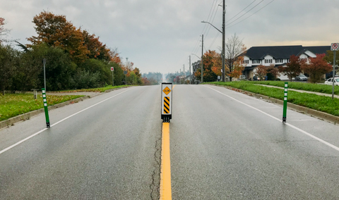 Traffic calming with flex sign and bike lane bollards - Guelph - Ontario