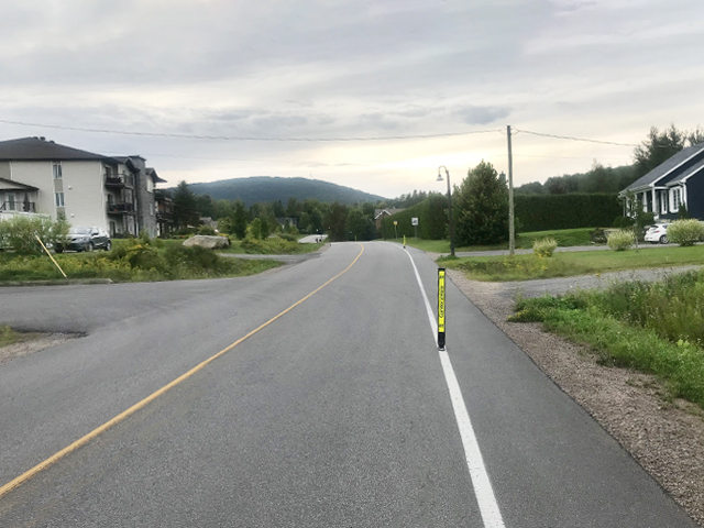 Piste piétonnière avec balises délinéateurs poteaux flexibles corridor scolaire