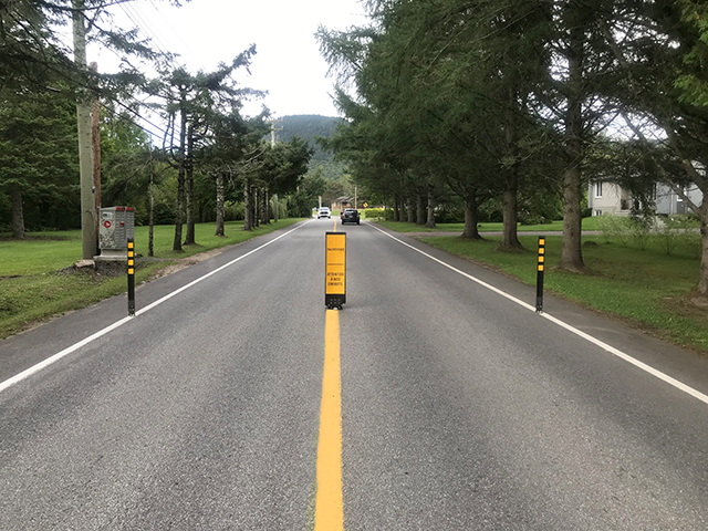 Modération de circulation / Réduction de vitesse - rue villégiature avec poteau centre de rue flexible et bollards flexibles